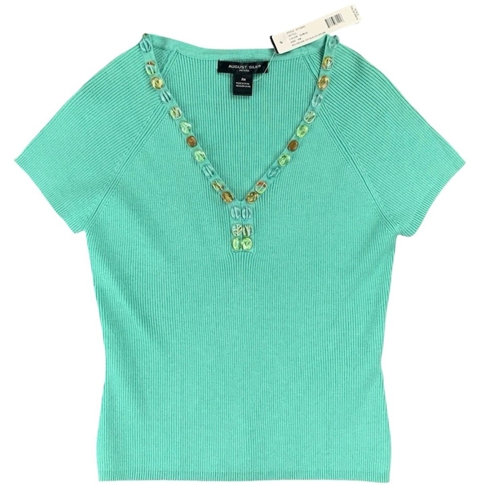 NEW August Silk Women's PM Ribbed Knit Beaded Top Summer Jade Mint Green Aqua